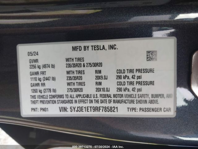 5YJ3E1ET9RF785821 Tesla MODEL 3