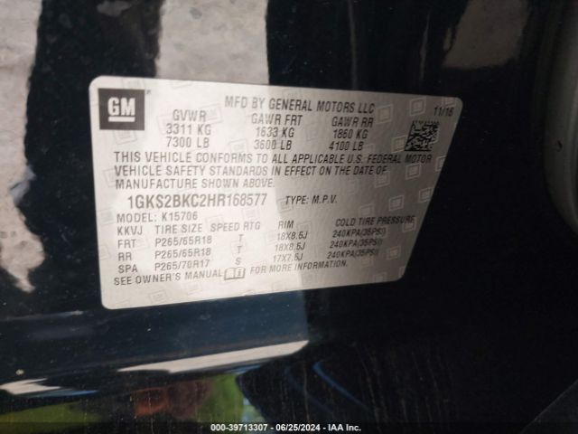 1GKS2BKC2HR168577 GMC YUKON SLT