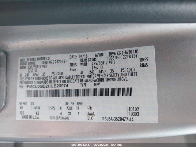 Ford ESCAPE SE 2017 1FMCU0GD2HUB20974 Image 9
