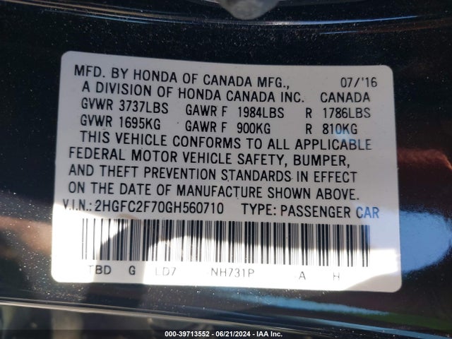 Honda CIVIC EX 2016 2HGFC2F70GH560710 Image 9