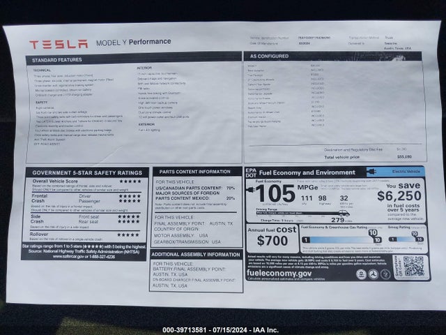 7SAYGDEF1RA266290 Tesla Model Y Performance Dual Motor All-wheel Drive