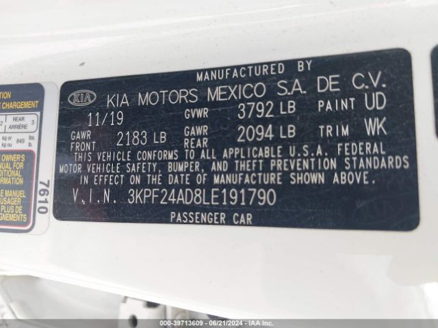3KPF24AD8LE191790 KIA Forte Lxs