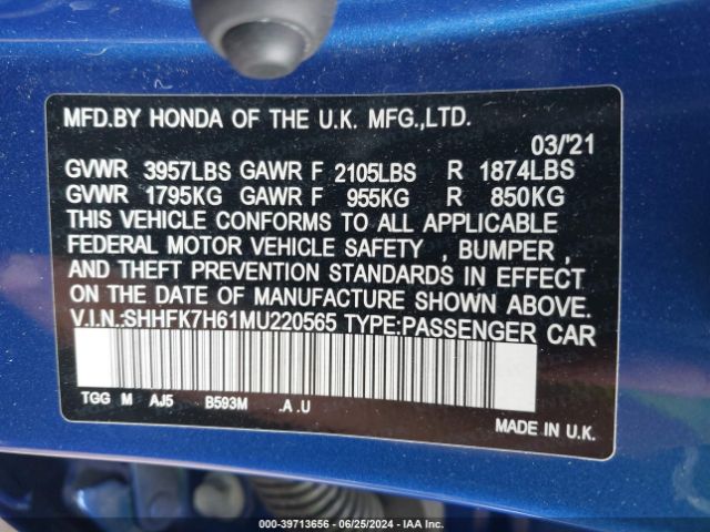 SHHFK7H61MU220565 Honda CIVIC EX