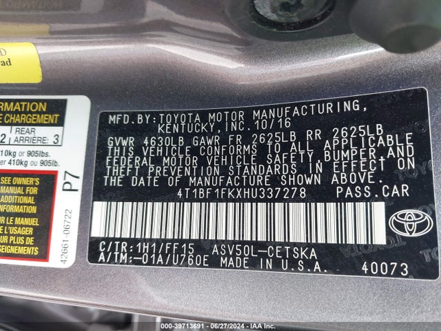 Toyota CAMRY SE 2017 4T1BF1FKXHU337278 Image 9