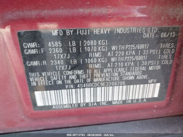 4S4BRCDC9E3208206 Subaru Outback 2.5i Premium