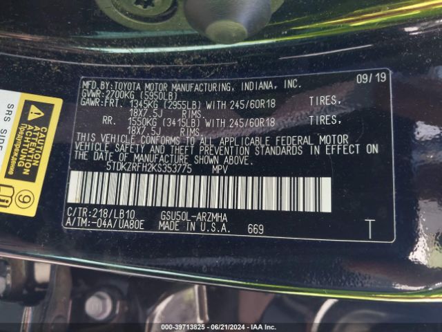 5TDKZRFH2KS353775 Toyota Highlander Xle