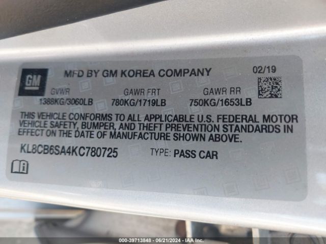 KL8CB6SA4KC780725 Chevrolet Spark Ls Cvt