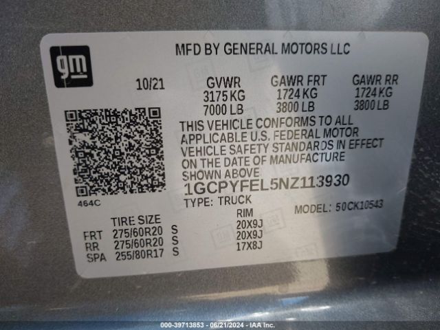 1GCPYFEL5NZ113930 Chevrolet Silverado 1500 Ltd 4wd  Short Bed Lt Trail Boss