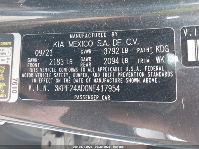 3KPF24AD0NE417954 KIA Forte Lxs