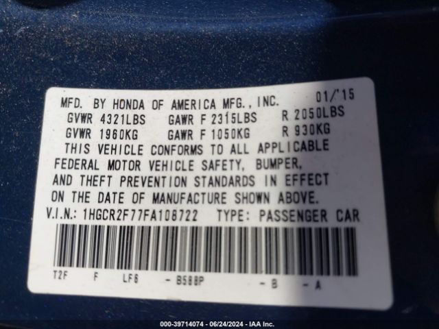 1HGCR2F77FA108722 Honda ACCORD EX