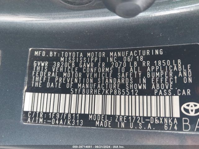 5YFBURHE7KP865512 Toyota COROLLA LE