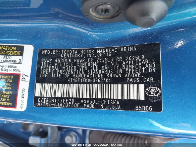 4T1BF1FK0HU662781 Toyota CAMRY SE