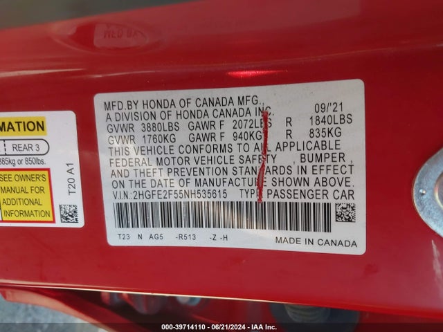 Honda Civic Sport 2022 2HGFE2F55NH535615 Image 9
