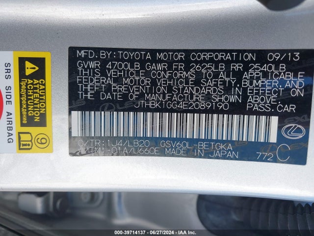 JTHBK1GG4E2089190 Lexus ES 350