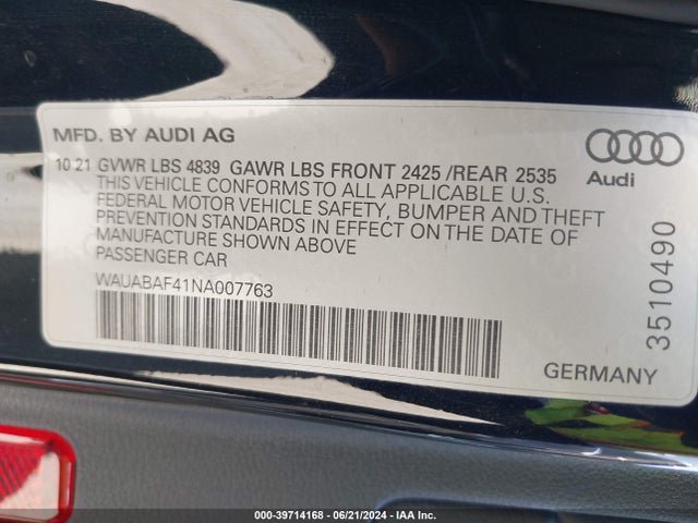 WAUABAF41NA007763 Audi A4 Premium 40 Tfsi Quattro S Tronic