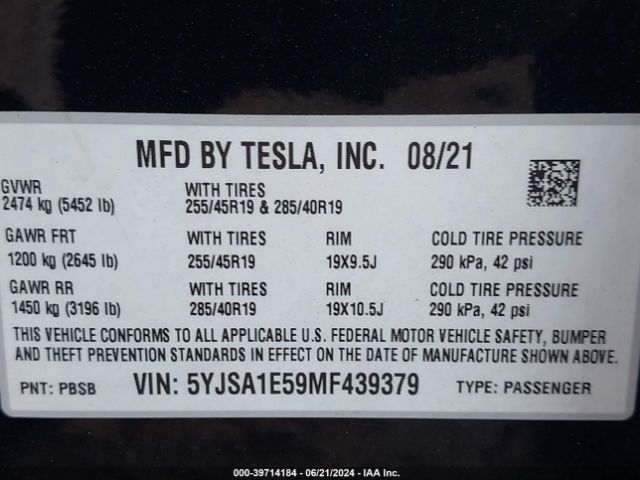 5YJSA1E59MF439379 Tesla Model S Long Range Dual Motor All-wheel Drive
