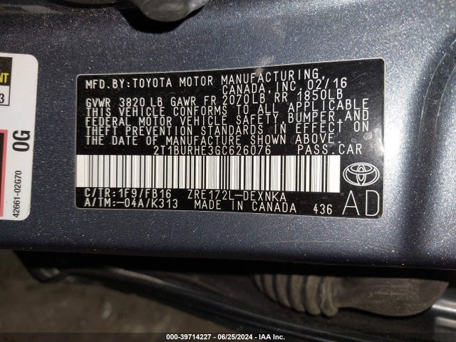 Toyota COROLLA LE 2016 2T1BURHE3GC626076 Image 9