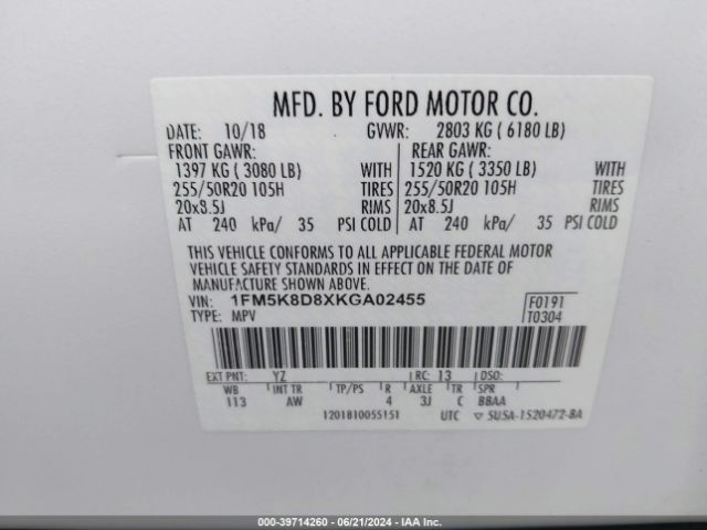 1FM5K8D8XKGA02455 Ford EXPLORER XLT