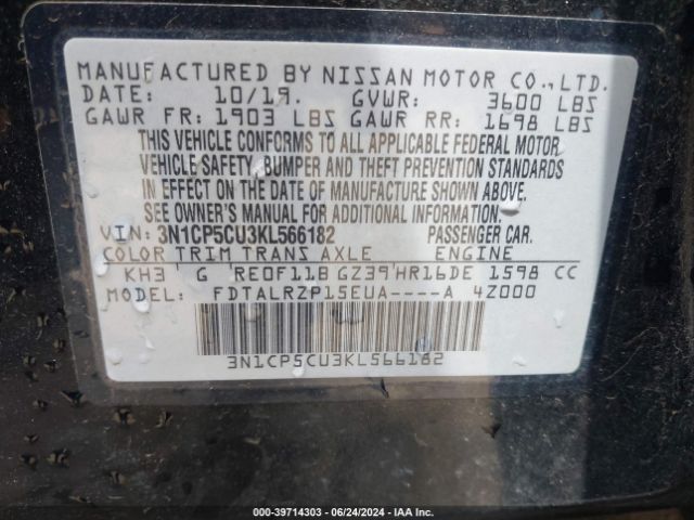 3N1CP5CU3KL566182 Nissan KICKS S