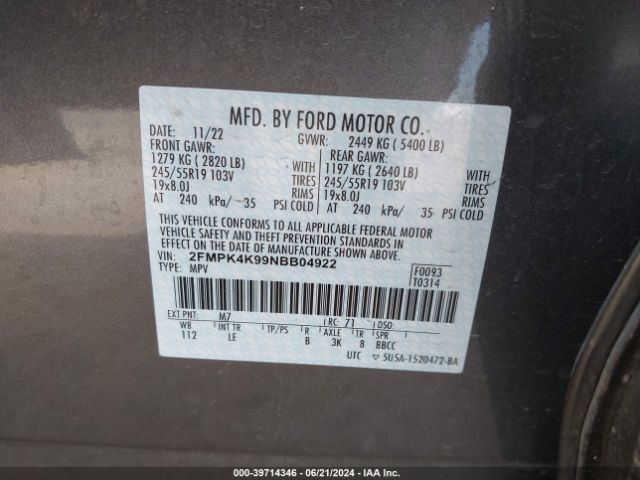 2FMPK4K99NBB04922 Ford Edge Titanium