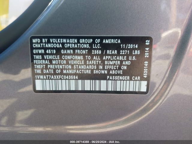 1VWAT7A3XFC043584 Volkswagen Passat 1.8t Wolfsburg Edition