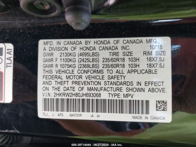 2HKRW2H80JH693068 Honda Cr-v Ex-l/ex-l Navi