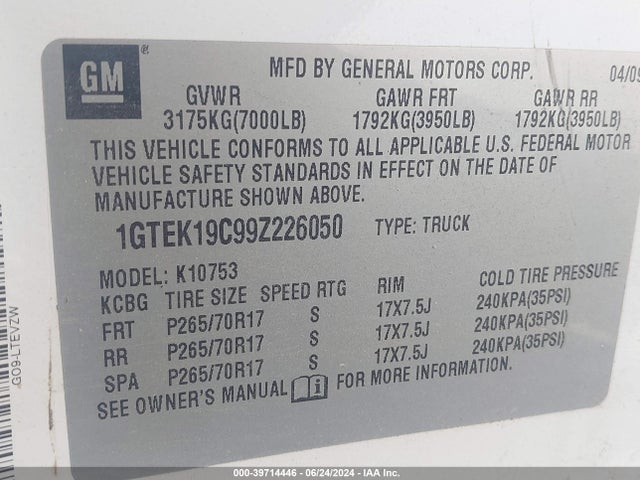39714446 :رقم المزاد ، 1GTEK19C99Z226050 vin ، 2009 Gmc Sierra 1500 Work Truck مزاد بيع