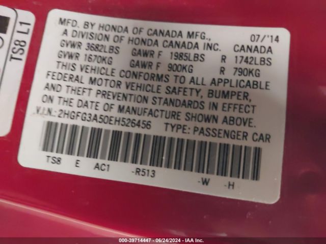 2HGFG3A50EH526456 Honda Civic Lx