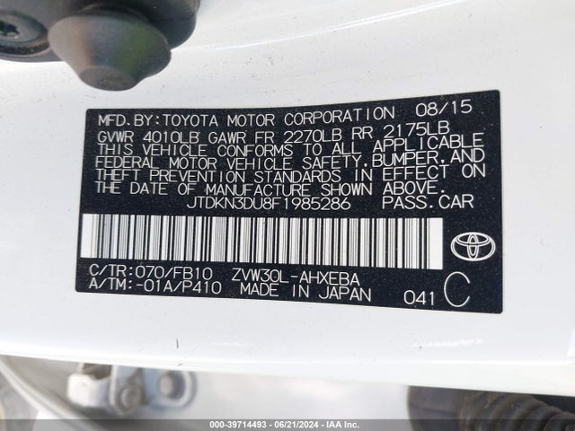 Toyota Prius Two 2015 JTDKN3DU8F1985286 Image 9