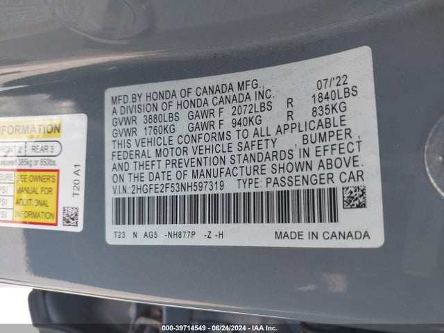 Honda Civic Sport 2022 2HGFE2F53NH597319 Image 9