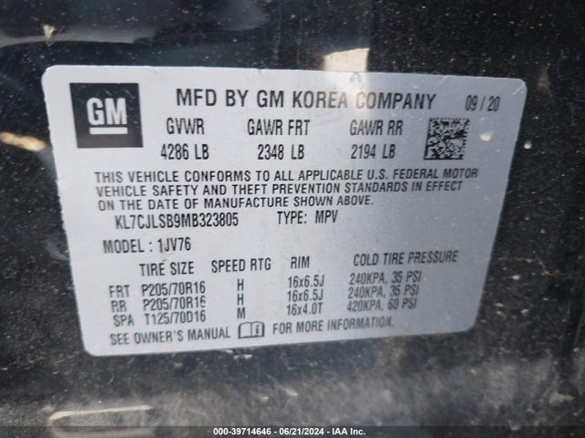 Chevrolet Trax Fwd Lt 2021 KL7CJLSB9MB323805 Image 9