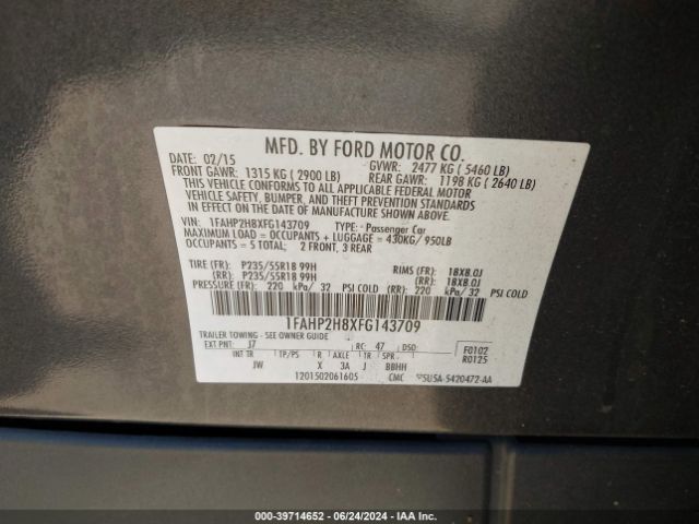 1FAHP2H8XFG143709 Ford TAURUS SEL