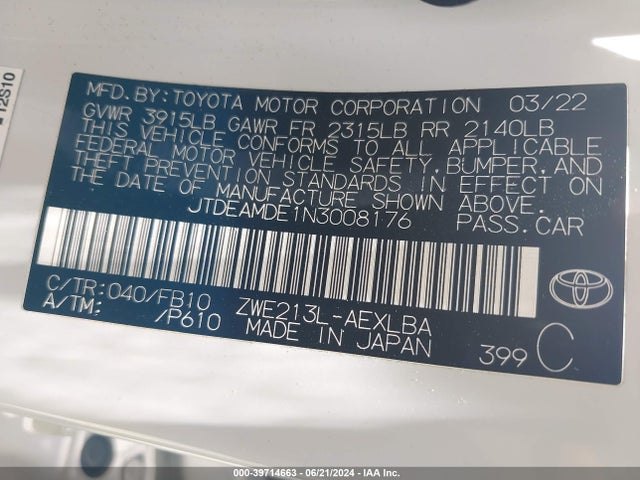 Toyota Corolla Hybrid Le 2022 JTDEAMDE1N3008176 Image 9