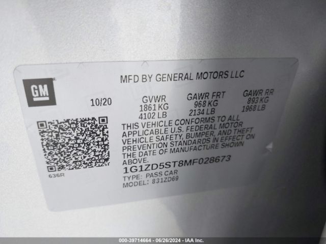 1G1ZD5ST8MF028673 Chevrolet Malibu Fwd Lt