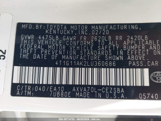 Toyota CAMRY SE 2020 4T1G11AK2LU360686 Image 9