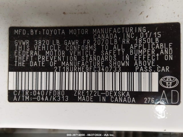Toyota Corolla S Plus 2015 2T1BURHE9FC340733 Image 9