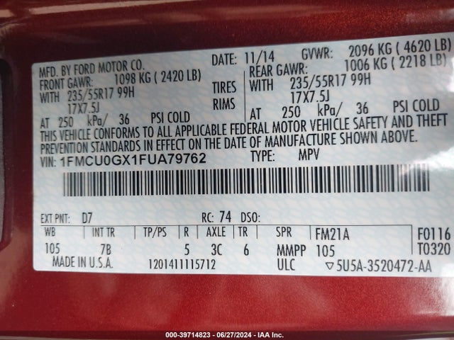 Ford ESCAPE SE 2015 1FMCU0GX1FUA79762 Image 9