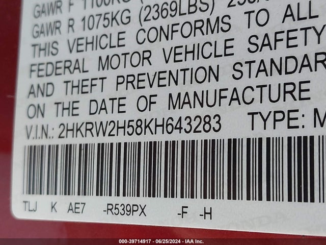 Honda CR-V EX 2019 2HKRW2H58KH643283 Image 9