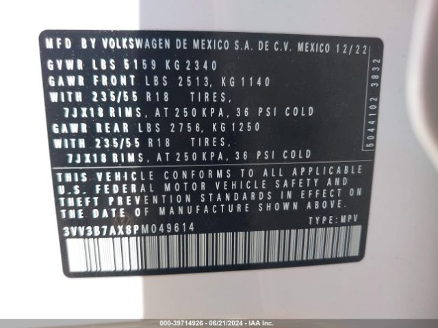 3VV3B7AX8PM049614 Volkswagen Tiguan 2.0t Se