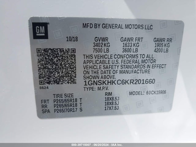 Chevrolet Suburban Lt 2019 1GNSKHKC6KR201660 Image 9