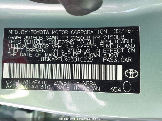 Toyota Prius Two Eco 2016 JTDKARFUXG3010225 Image 9