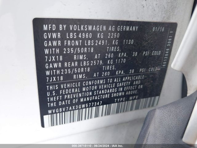 WVGBV7AX3GW577347 Volkswagen TIGUAN SE