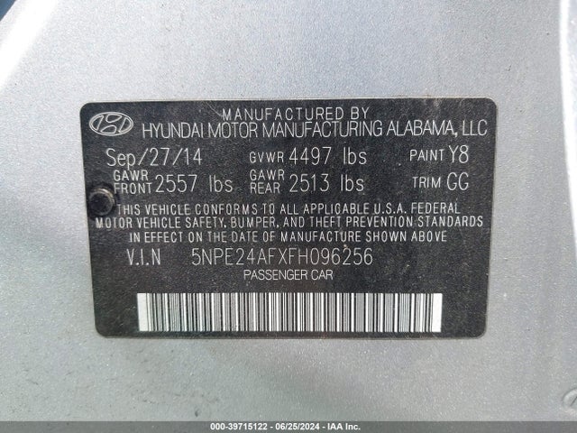Hyundai SONATA SE 2015 5NPE24AFXFH096256 Image 9