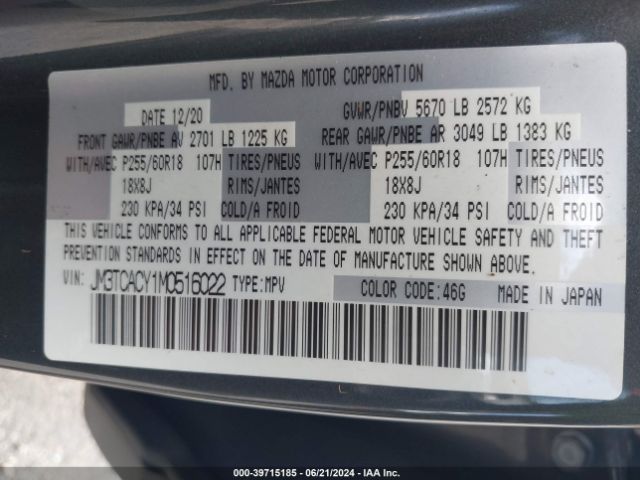 JM3TCACY1M0516022 Mazda Cx-9 Touring