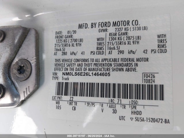 Aukcja sprzedaży 2020 Ford Transit Connect Xl, vin: NM0LS6E26L1464605, numer aukcji: 39715197