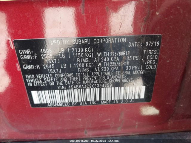 4S4BSAJC2K3394759 Subaru Outback 2.5i Limited