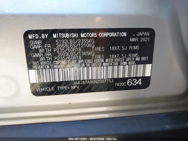 JA4J4TA80NZ007753 Mitsubishi Outlander Es 2.5 S-awc