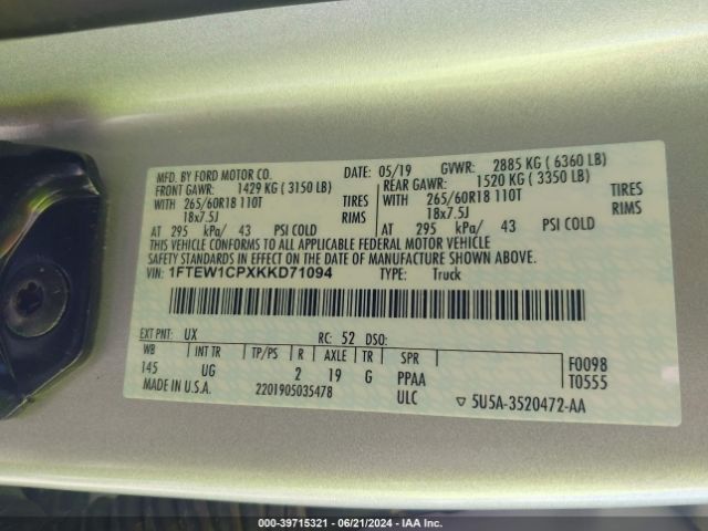 1FTEW1CPXKKD71094 Ford F-150 Xlt