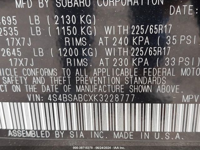 4S4BSABCXK3228777 Subaru Outback 2.5i