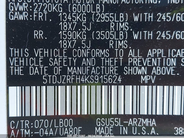 Toyota Highlander Xle 2019 5TDJZRFH4KS915624 Image 9